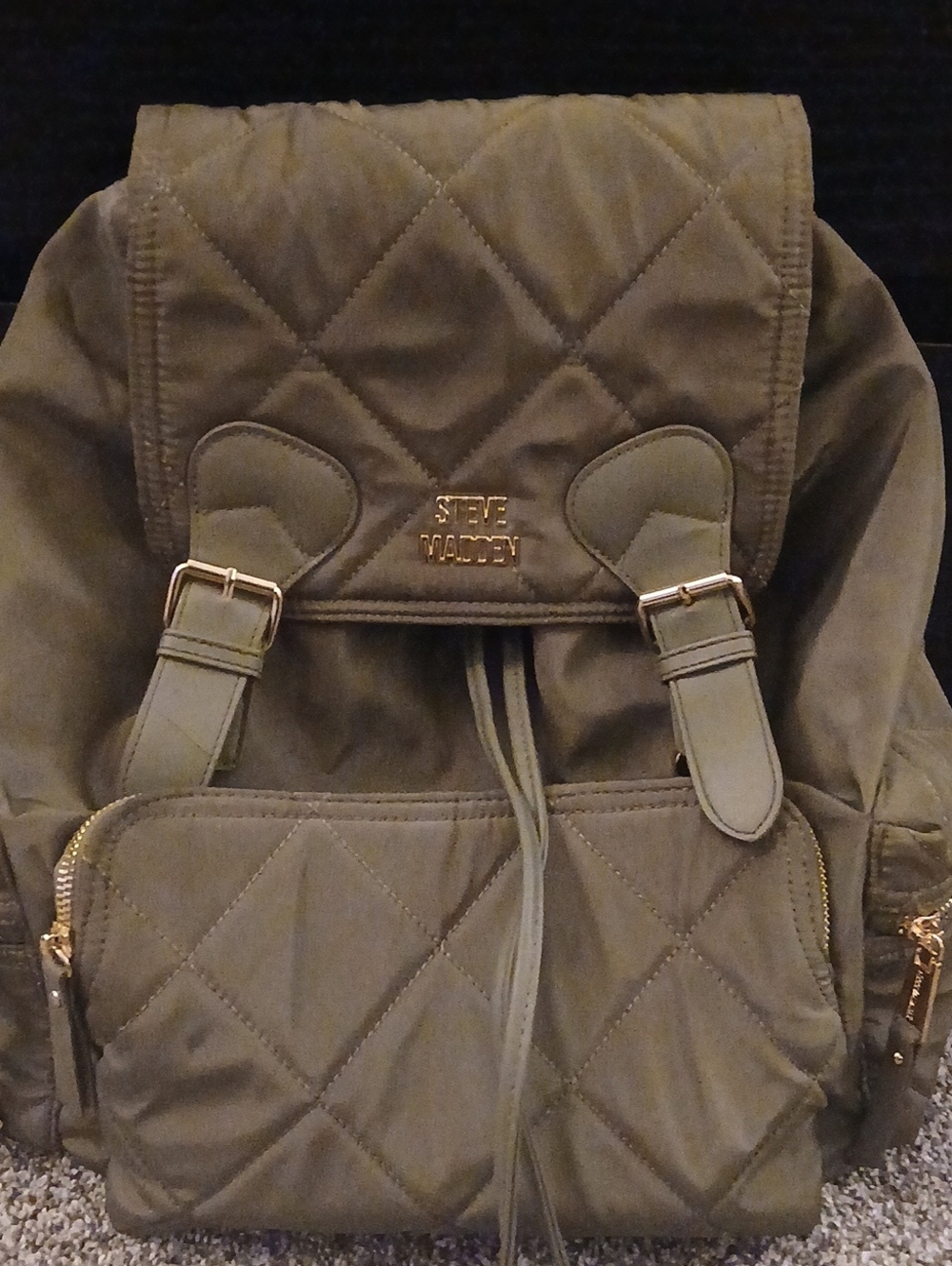 Steve Madden Olive Green Quilted Drawstring Backpack
